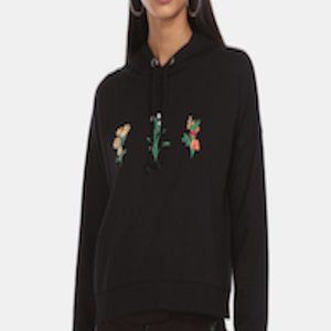 Women Black & Green Floral Embroidered Cotton Hooded Sweatshirt